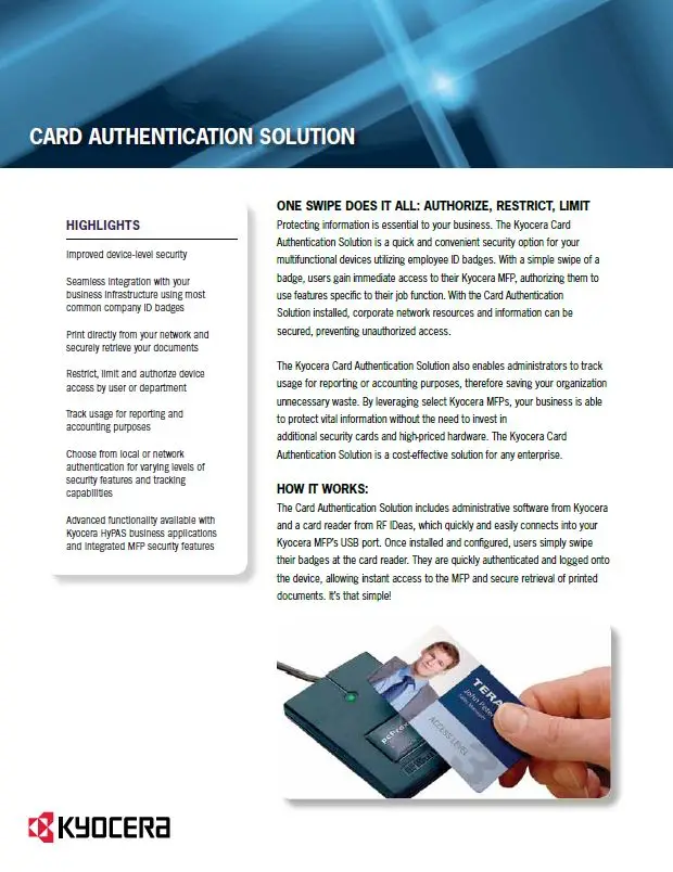 Kyocera, Software, Cost Control, Security Card Authentication, NW Imaging Analysts