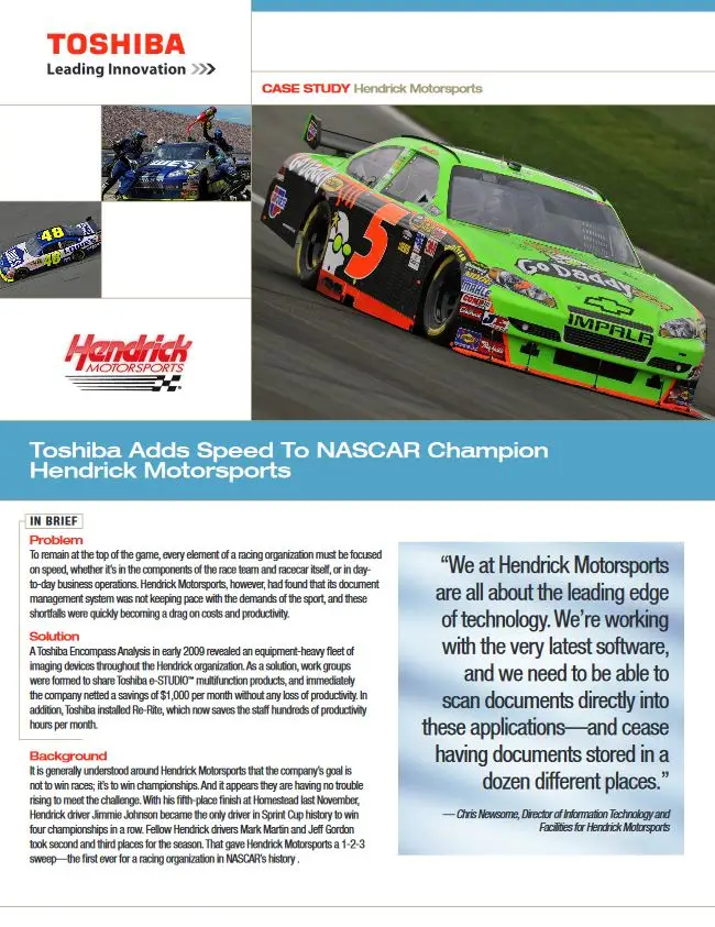Hendrick Motorsports, Case Study, MPS, MDS, Toshiba, NW Imaging Analysts