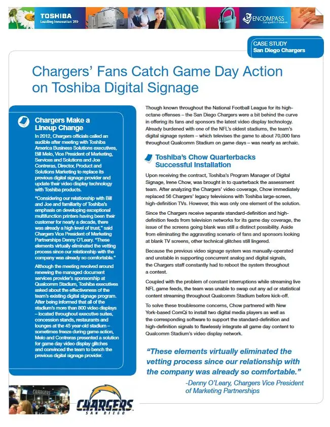 San Diego Chargers, Digital Signage, Toshiba, NW Imaging Analysts